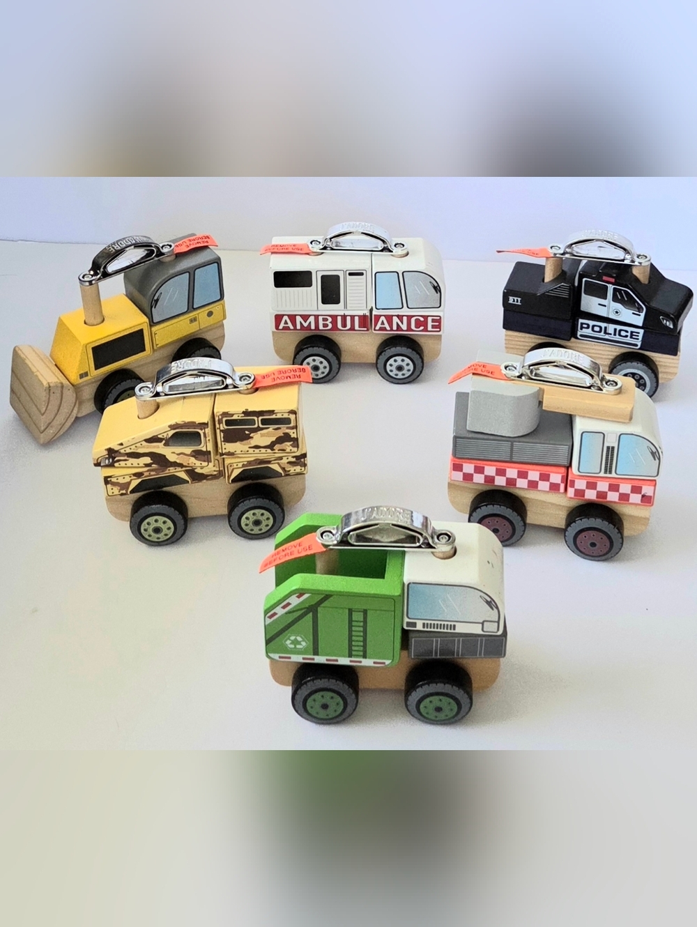 LOT OF 6 J'ADORE PARIS WOOD STACKING VEHICLES, TRUCKS, BULLDOZER, AMBULANCE